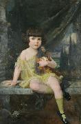 Douglas Volk Young Girl in Yellow Dress Holding her Doll, oil painting reproduction